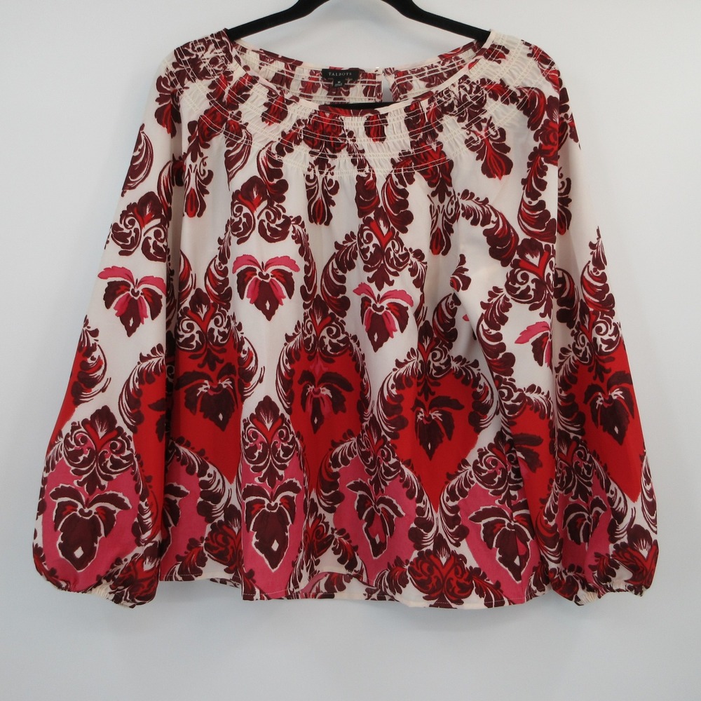 Talbots Womens Red Pink Damask Smocked Neck Long Sleeve Blouse Size M
